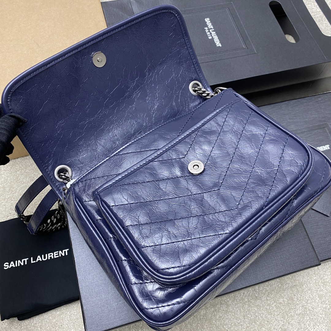 Saint Laurent 28cm油腊宝蓝/古银 NIKI 爆裂纹 超多明星 同款