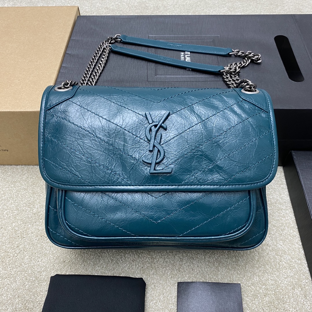 Saint Laurent 28cm油腊松石绿/古银 NIKI 爆裂纹 超多明星 同款