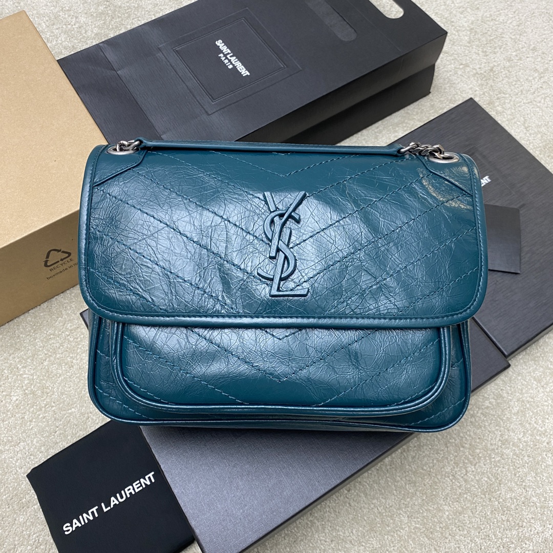 Saint Laurent 28cm油腊松石绿/古银 NIKI 爆裂纹 超多明星 同款