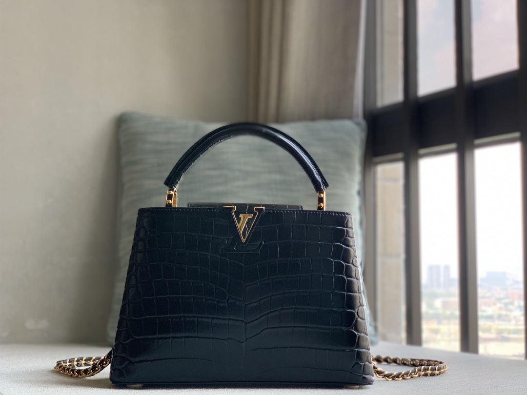 Louis Vuitton LV premium quality original leather Officially selling N81215 black crocodile pattern cowhide woven gold buckle