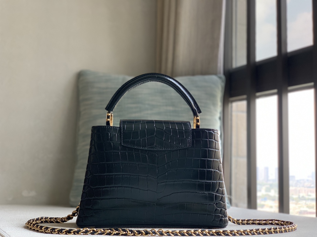 Louis Vuitton LV premium quality original leather Officially selling N81215 black crocodile pattern cowhide woven gold buckle