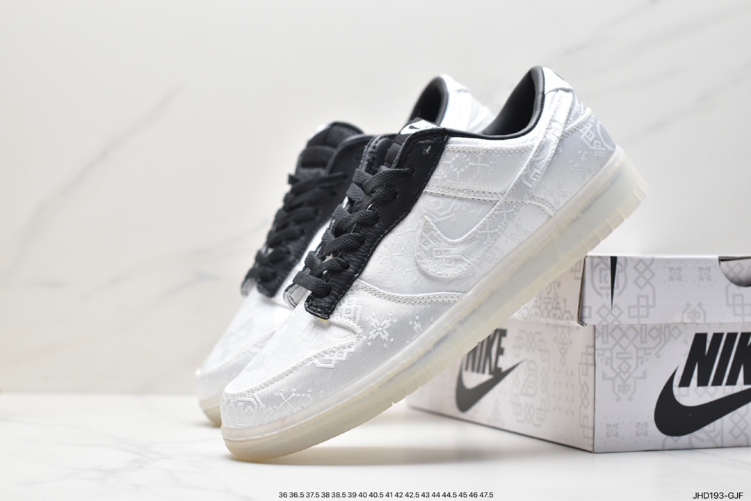 190 Fragment Design x Clot x Nike SB Dunk Low”20th Anniversary/White Silk”扣篮板鞋“联名丝绸白黑刮刮乐” FN0315-100