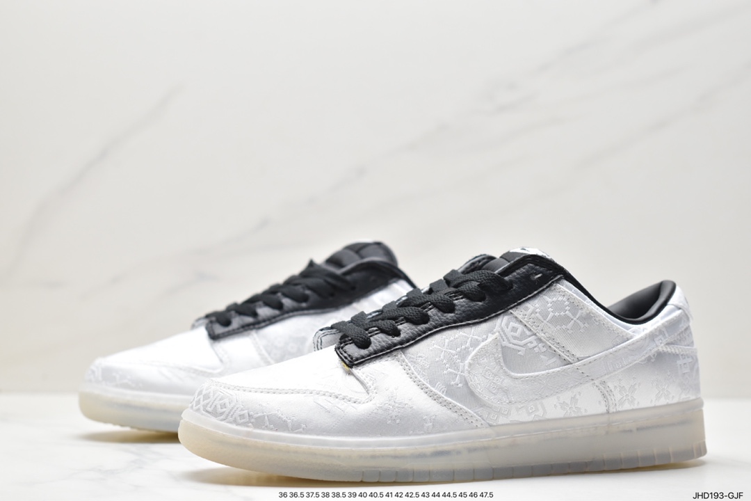 190 Fragment Design x Clot x Nike SB Dunk Low”20th Anniversary/White Silk”扣篮板鞋“联名丝绸白黑刮刮乐” FN0315-100