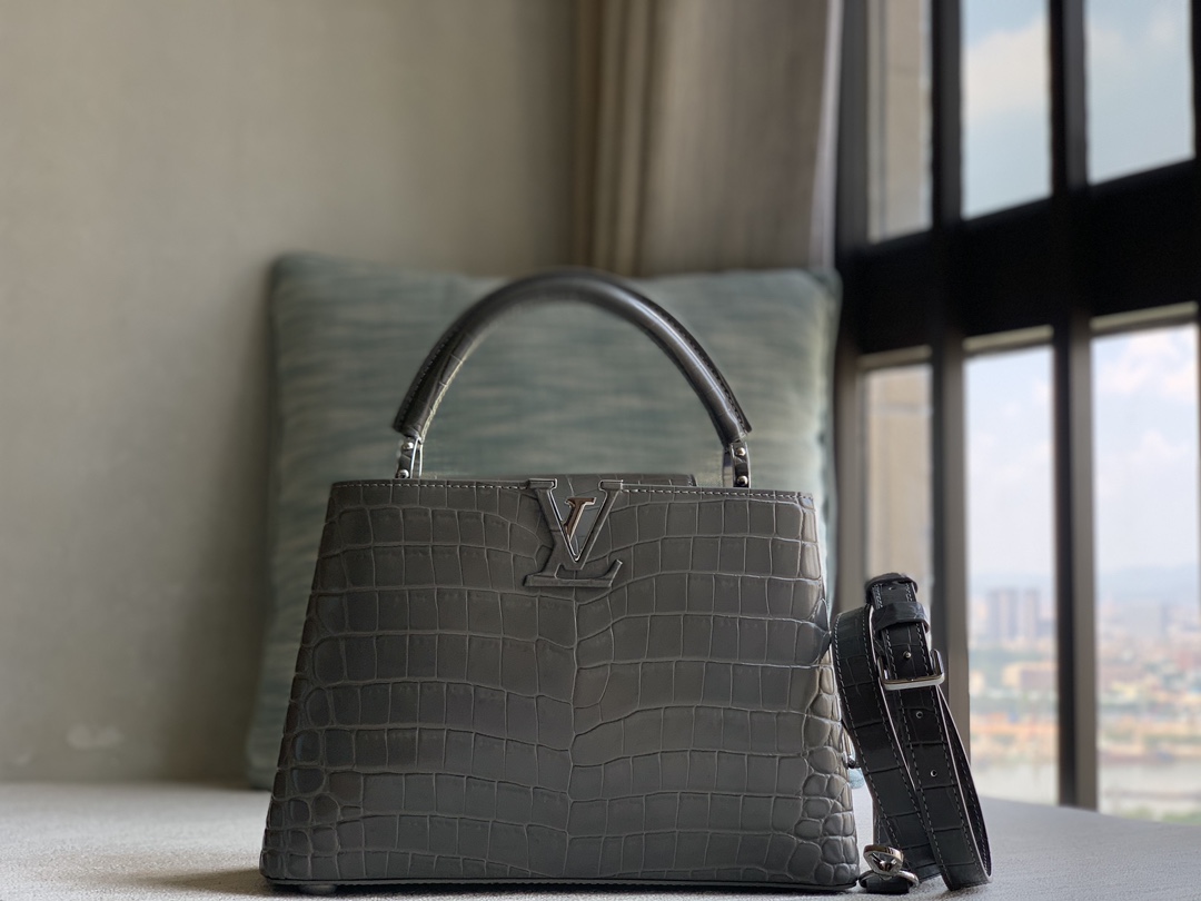 Louis Vuitton Lv premium quality original leather purchase special supply, official N92173 dark gray crocodile pattern silver buckle on sale