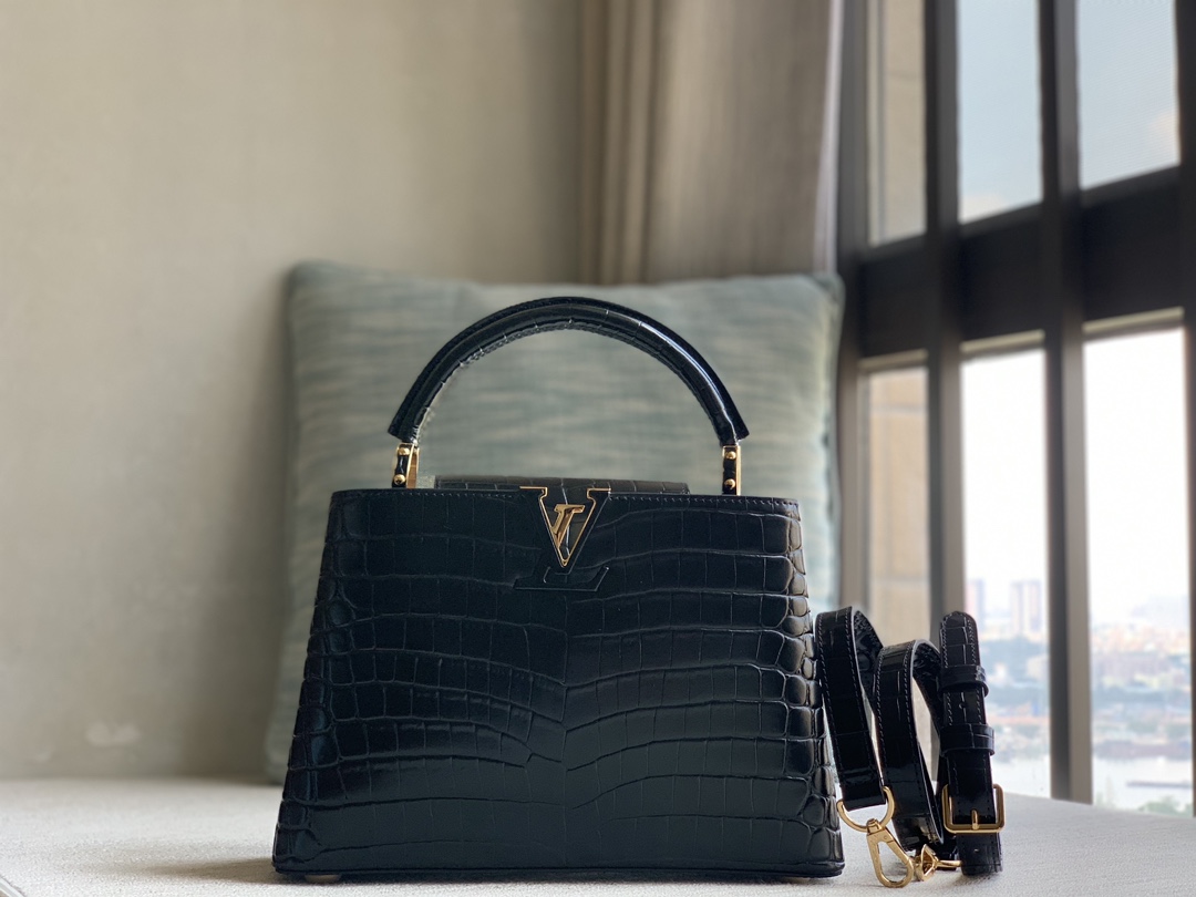 Louis Vuitton LV premium quality original leather officially on sale N92173 black crocodile pattern cowhide gold buckle
