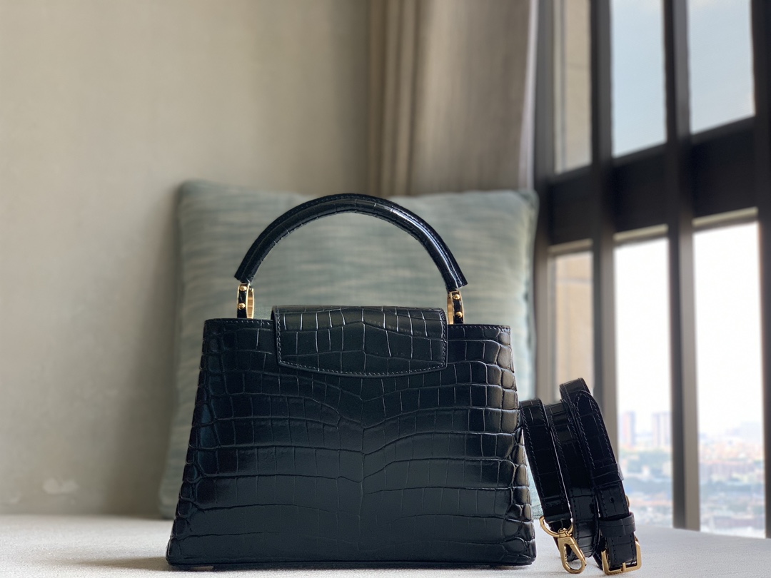 Louis Vuitton LV premium quality original leather officially on sale N92173 black crocodile pattern cowhide gold buckle