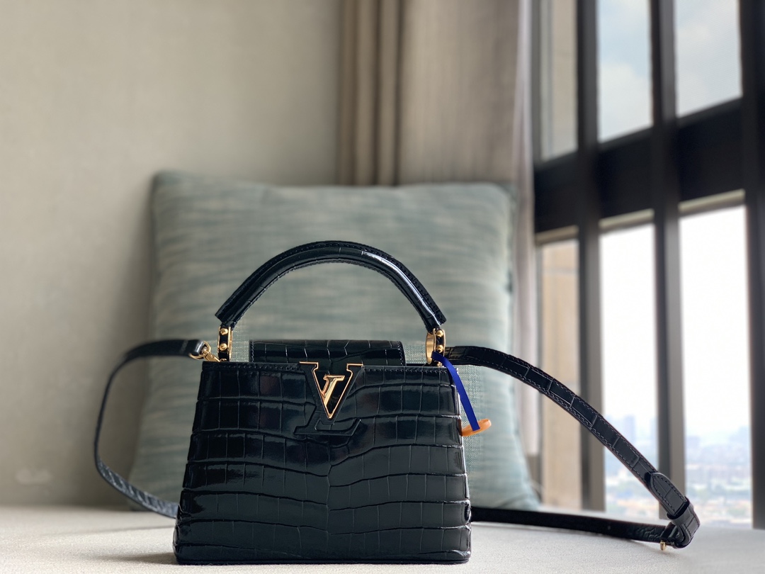 Louis Vuitton LV premium quality original leather Official N93429 black crocodile pattern gold buckle