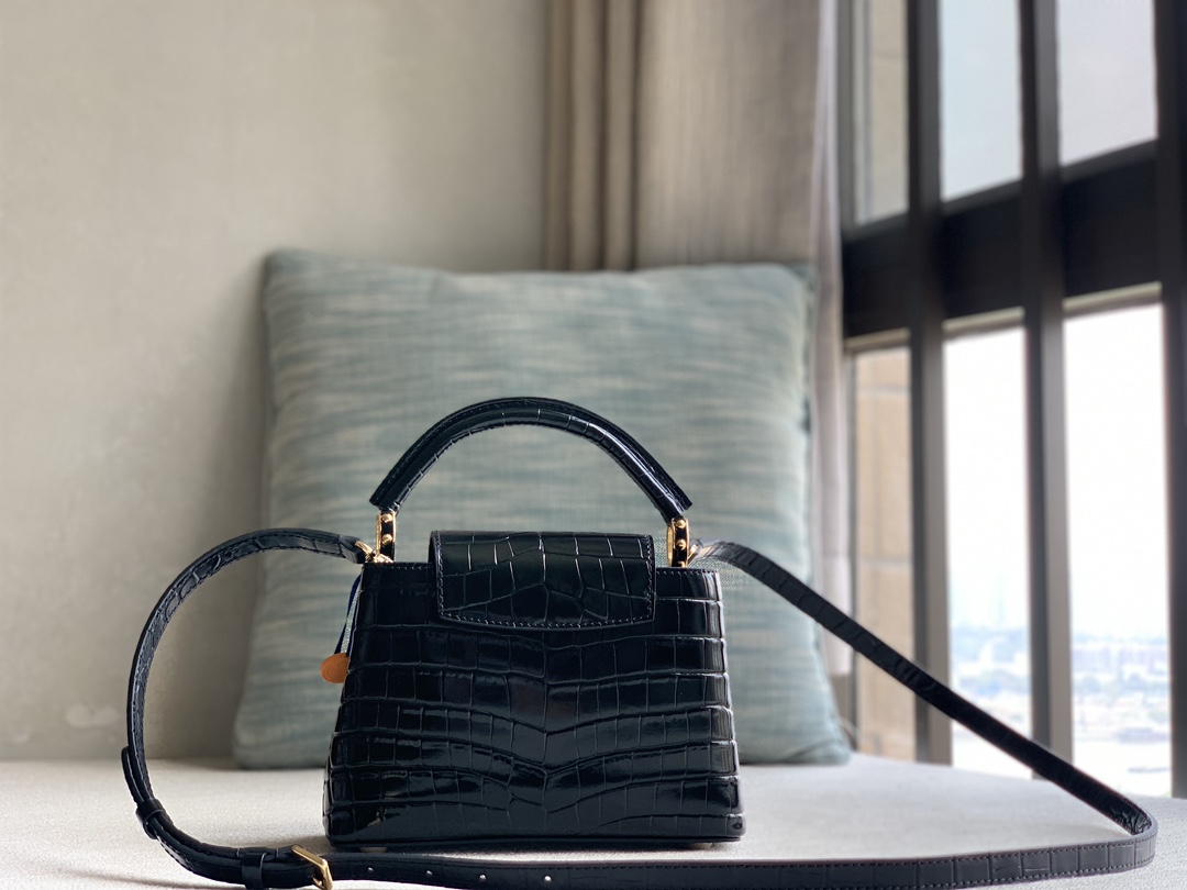 Louis Vuitton LV premium quality original leather Official N93429 black crocodile pattern gold buckle