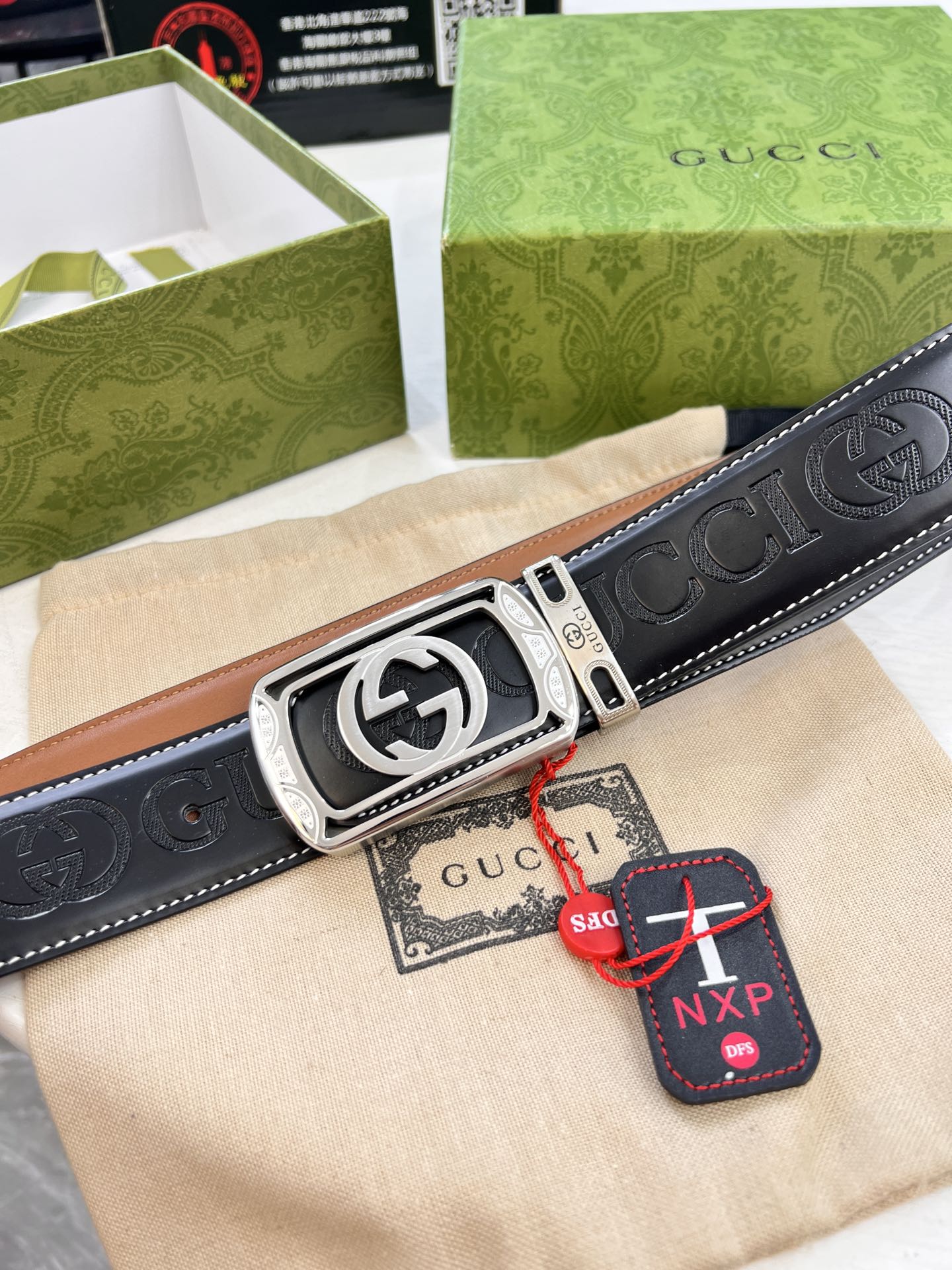 古奇GUCCi自动扣皮带 2025年最新款 GG压花头层牛皮