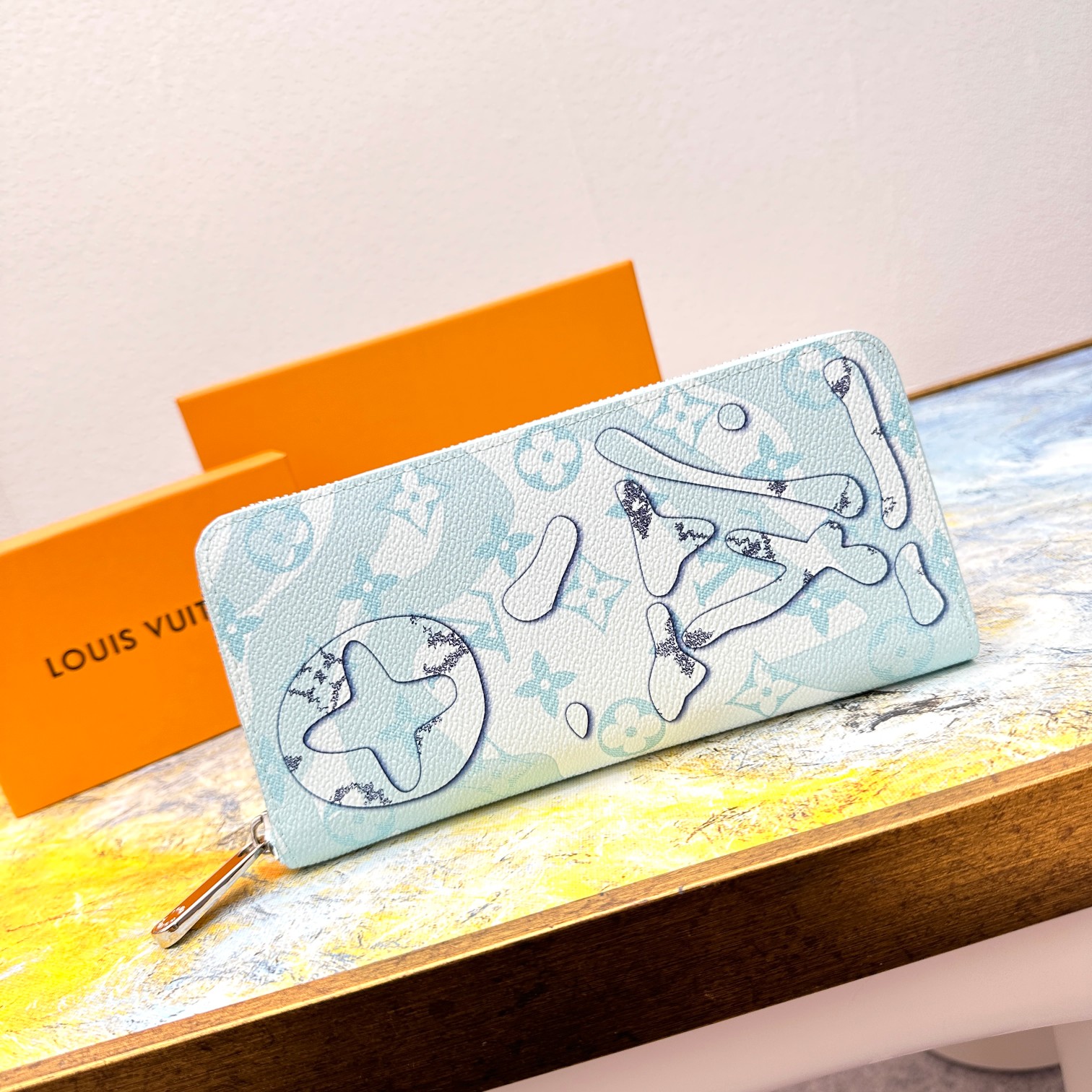 Luxury long leather zipper wallet front view