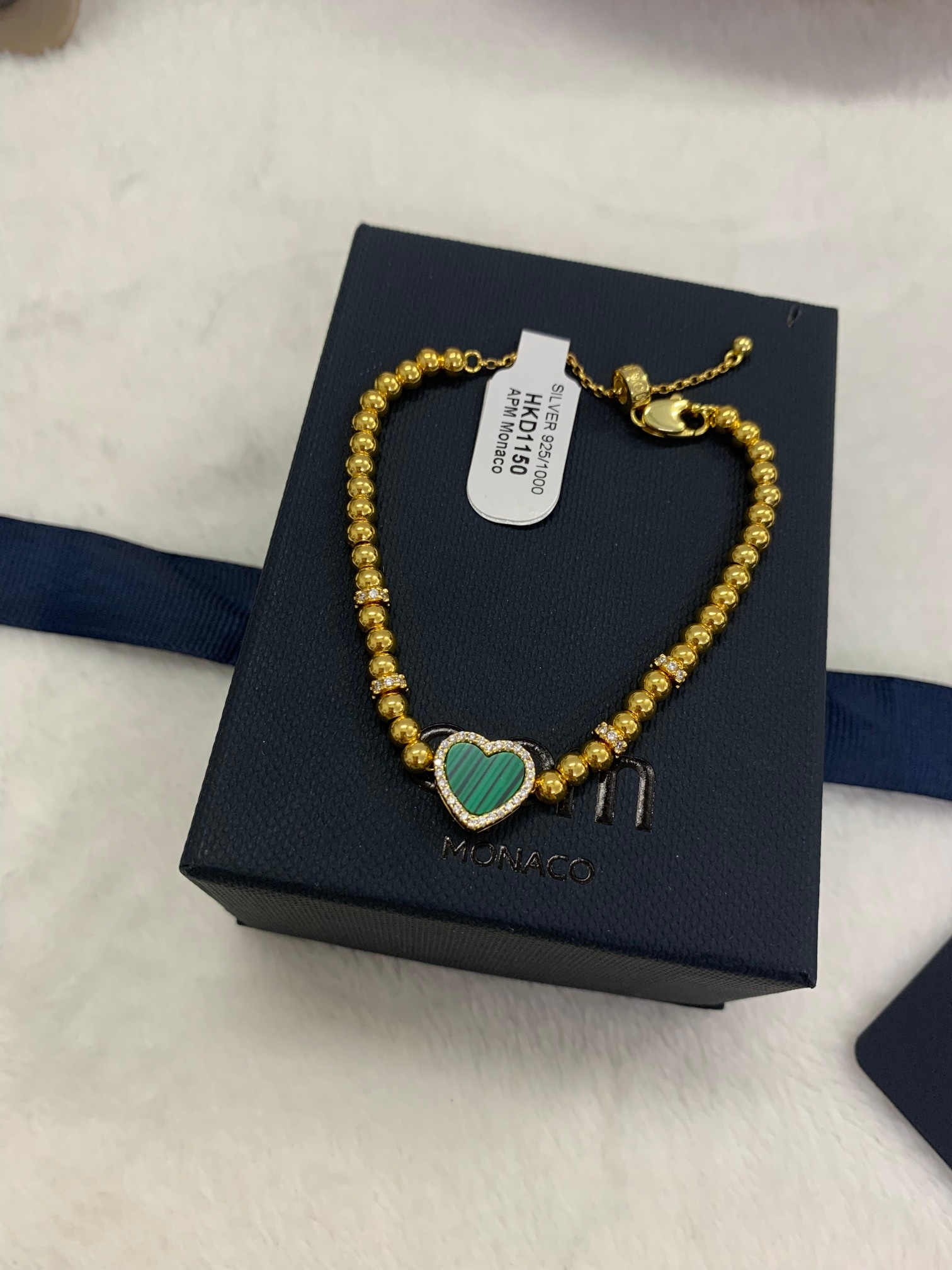 💰238 A💰m Monaco孔雀石爱心圆珠可调节手链女饰品送女友生日礼物。