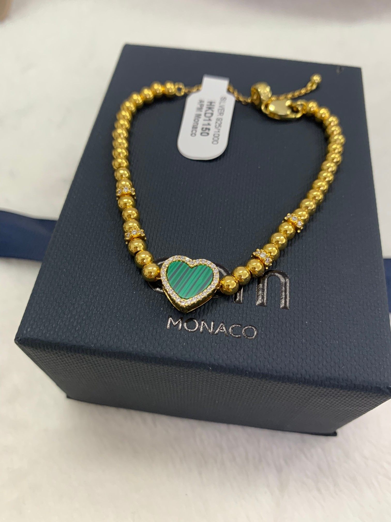 💰238 A💰m Monaco孔雀石爱心圆珠可调节手链女饰品送女友生日礼物。