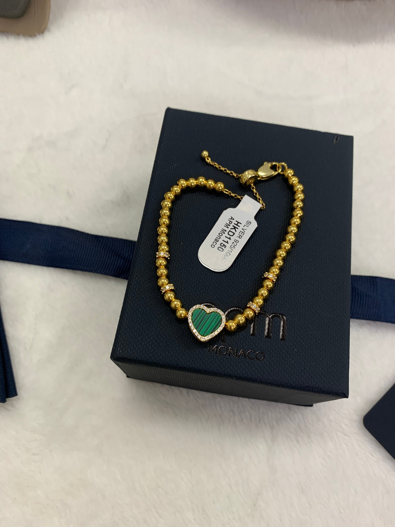 💰238 A💰m Monaco孔雀石爱心圆珠可调节手链女饰品送女友生日礼物。