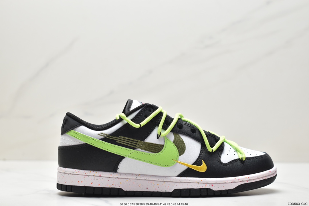 Nike Dunk Low Multi-Color Swoosh, FD4623-134 - 耐克 Nike Dunk Low Multi-Color Swoosh 青苹果三勾 牛油果 低帮 休闲运动板鞋 女款 黑绿 FD4623-134