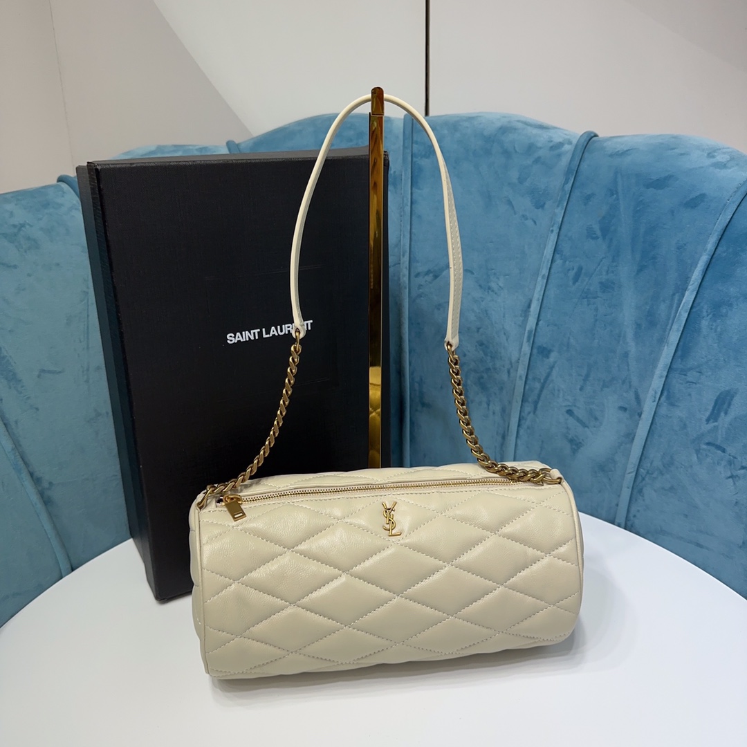 Yves Saint Laurent Cylinder & Round Bags Vintage Gold Lambskin Sheepskin Summer Collection Chains