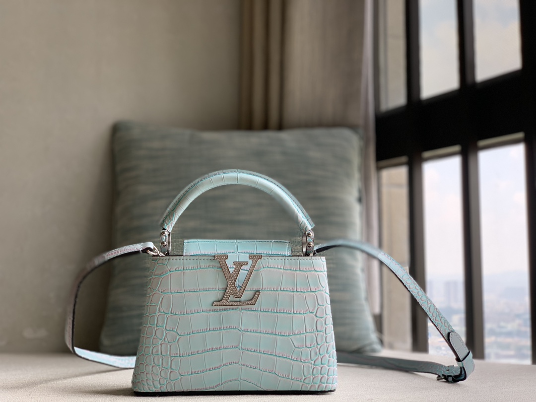 Louis Vuitton Special quality original leather Officially selling N94227 blue silk rose diamond buckle crocodile pattern cowhide
