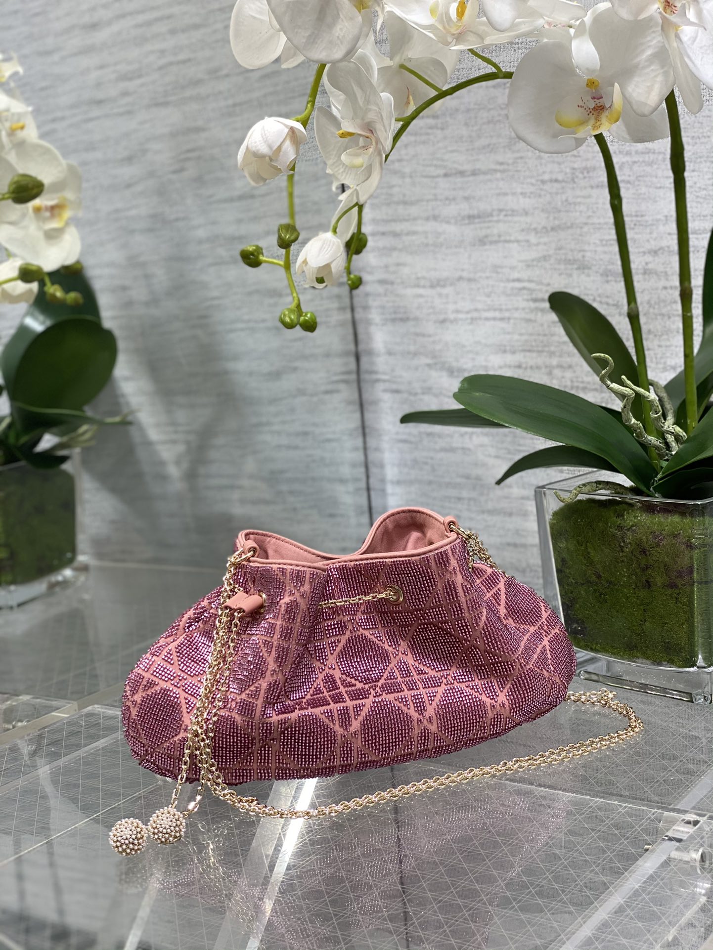 Drawstring Bag Beaded Bag Diamond Pattern Chain Crossbody Handbag Small Bag