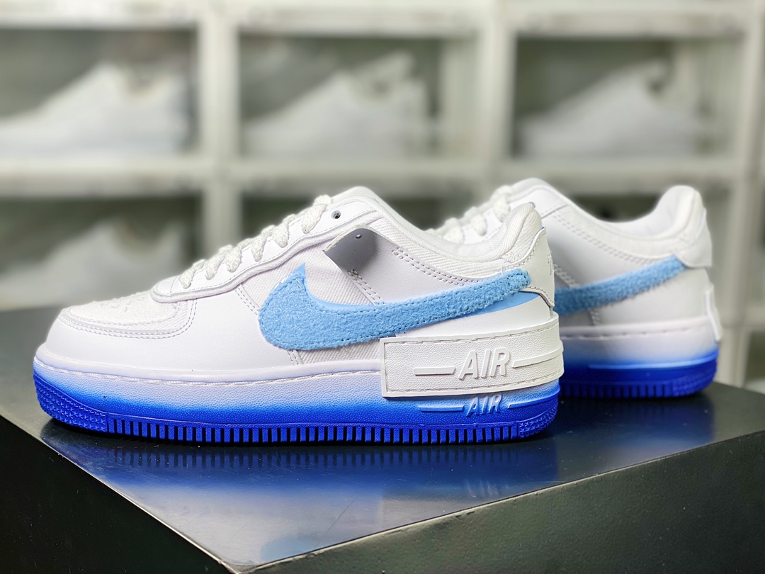 WMNS Air Force 1 Shadow ”Blue Chenille” Air Force 1 lightweight high-rise low-top versatile sneakers ”white and blue fluffy gradient blue bottom” FJ4567-100