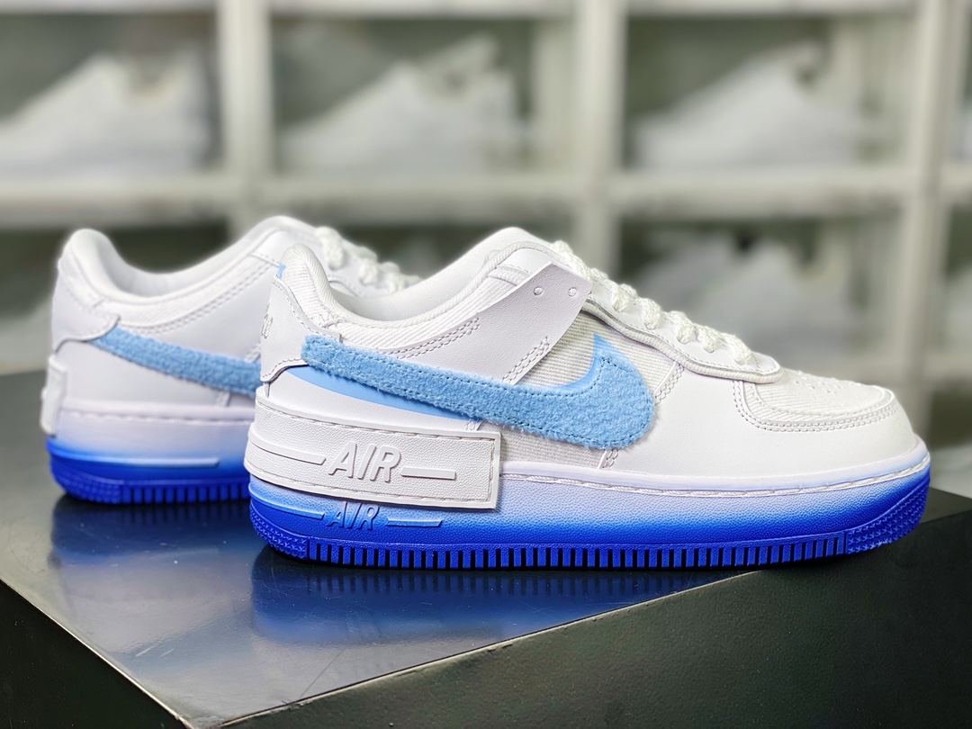 WMNS Air Force 1 Shadow ”Blue Chenille” Air Force 1 lightweight high-rise low-top versatile sneakers ”white and blue fluffy gradient blue bottom” FJ4567-100