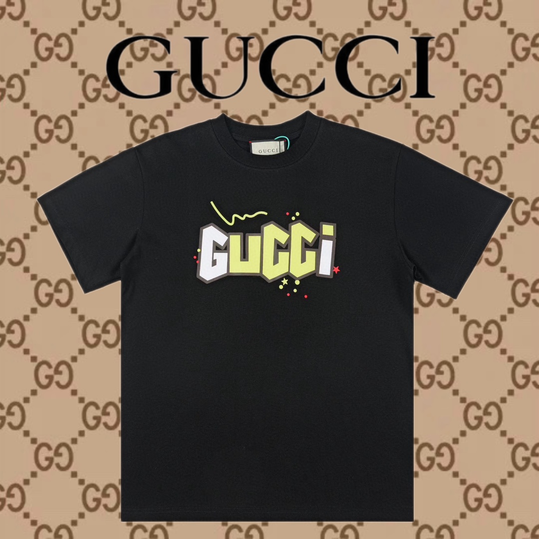 Gucci Abbigliamento T-Shirt Beige Nero Stampa Unisex Cotone Collezione Primavera/Estate Maniche corte