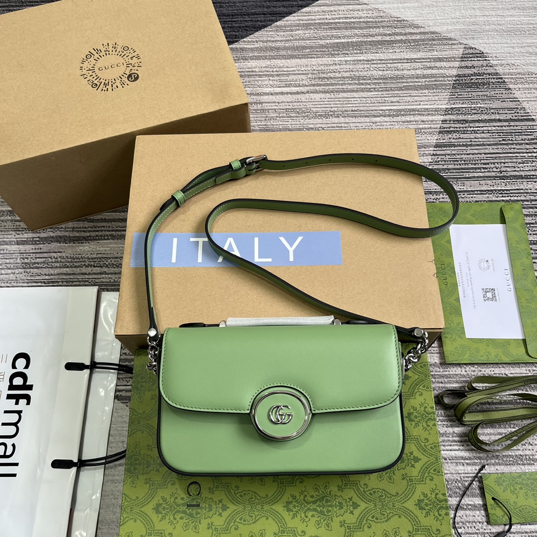 GUCCI Petite GG Small Shoulder Bag Light Green Leather Zip Closure