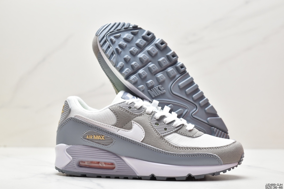 130 耐克Nike Air Max 90 经典复古小气垫缓震跑鞋 鞋面由皮和革织物打造，犀利的条线打造出酷劲十的足视觉效果 网布鞋增面强透气性，穿着为极舒适 经可典视气垫醒目依旧，而脚感更是十软足弹 FJ4824-001 码数：如图 ID:JJD093-GJH