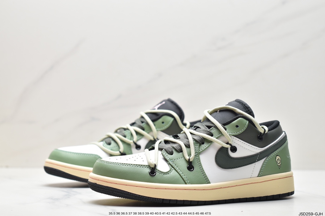 解构, 篮球鞋, Jordan Air Jordan 1Low, Jordan, Air Jordan 1, Air Jordan, 553558-062, 553558 - 乔丹 Jordan Air Jordan 1Low 绿野仙踪 解构鞋带 低帮 复古篮球鞋 男款 墨绿 553558-062