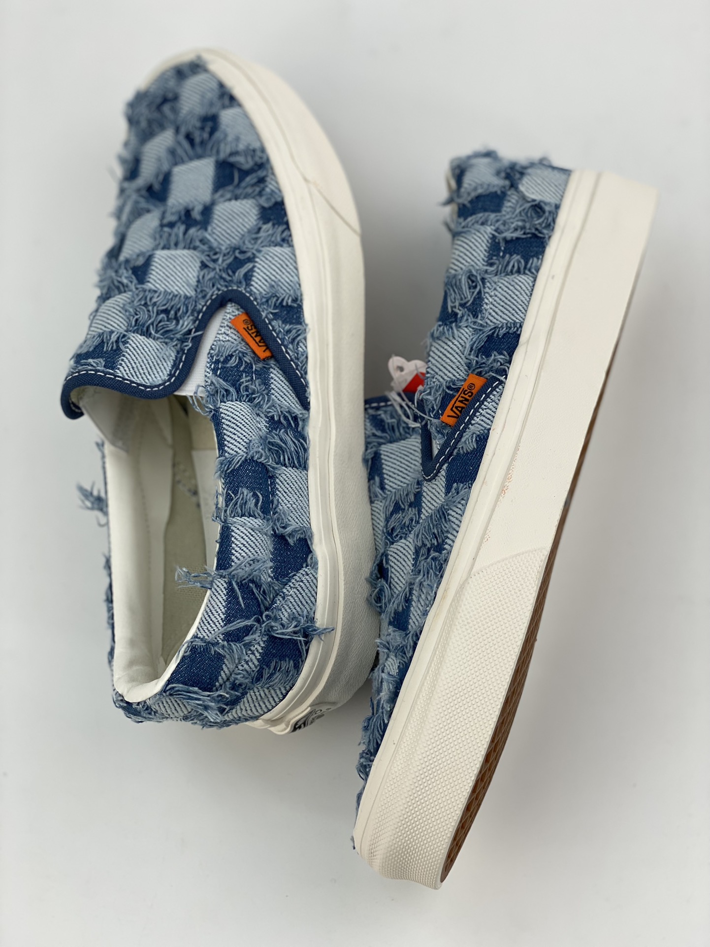 Vans European and American summer checkerboard fringed denim and silk men's and women's same style slip-ons