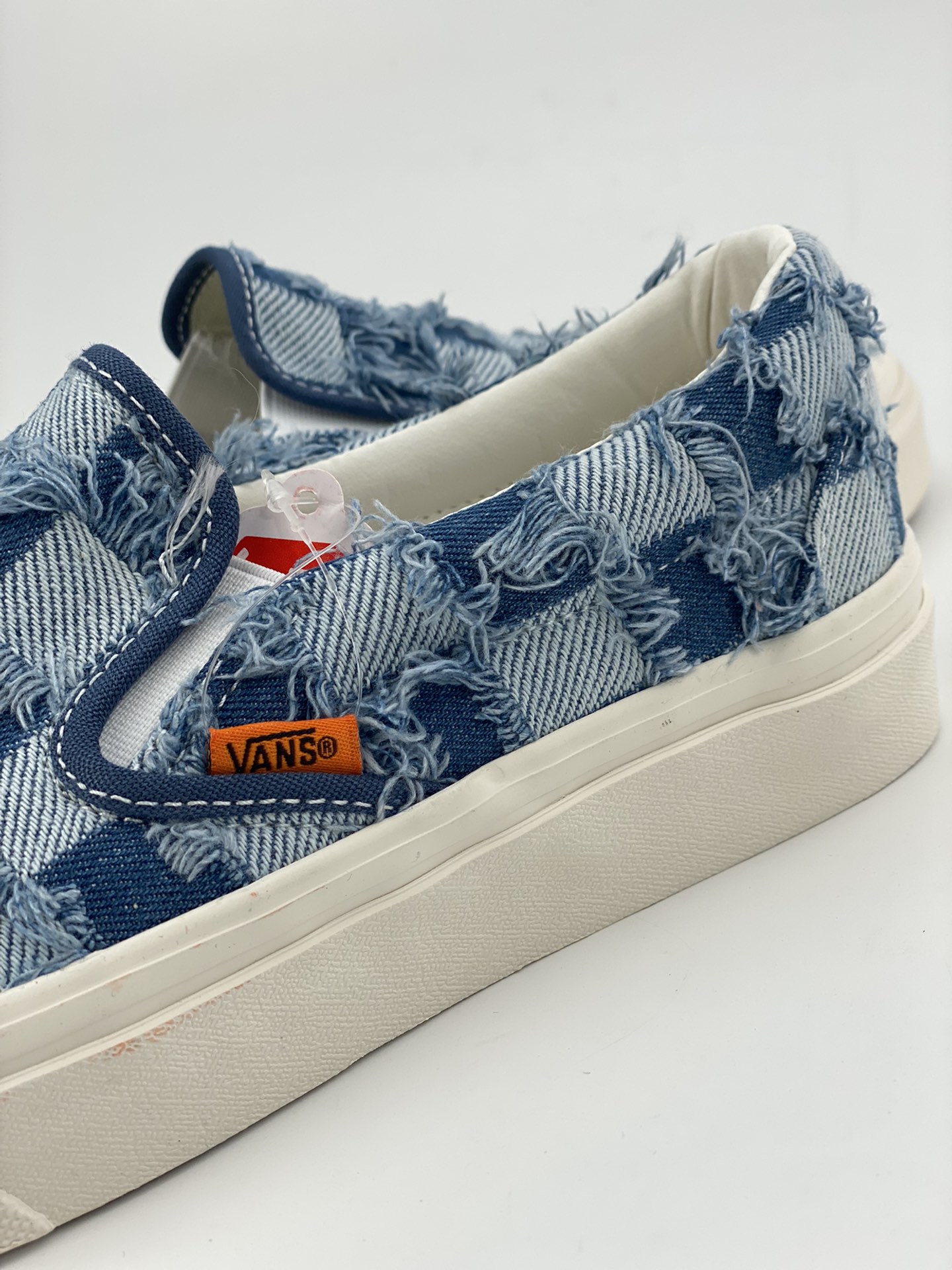 Vans European and American summer checkerboard fringed denim and silk men's and women's same style slip-ons