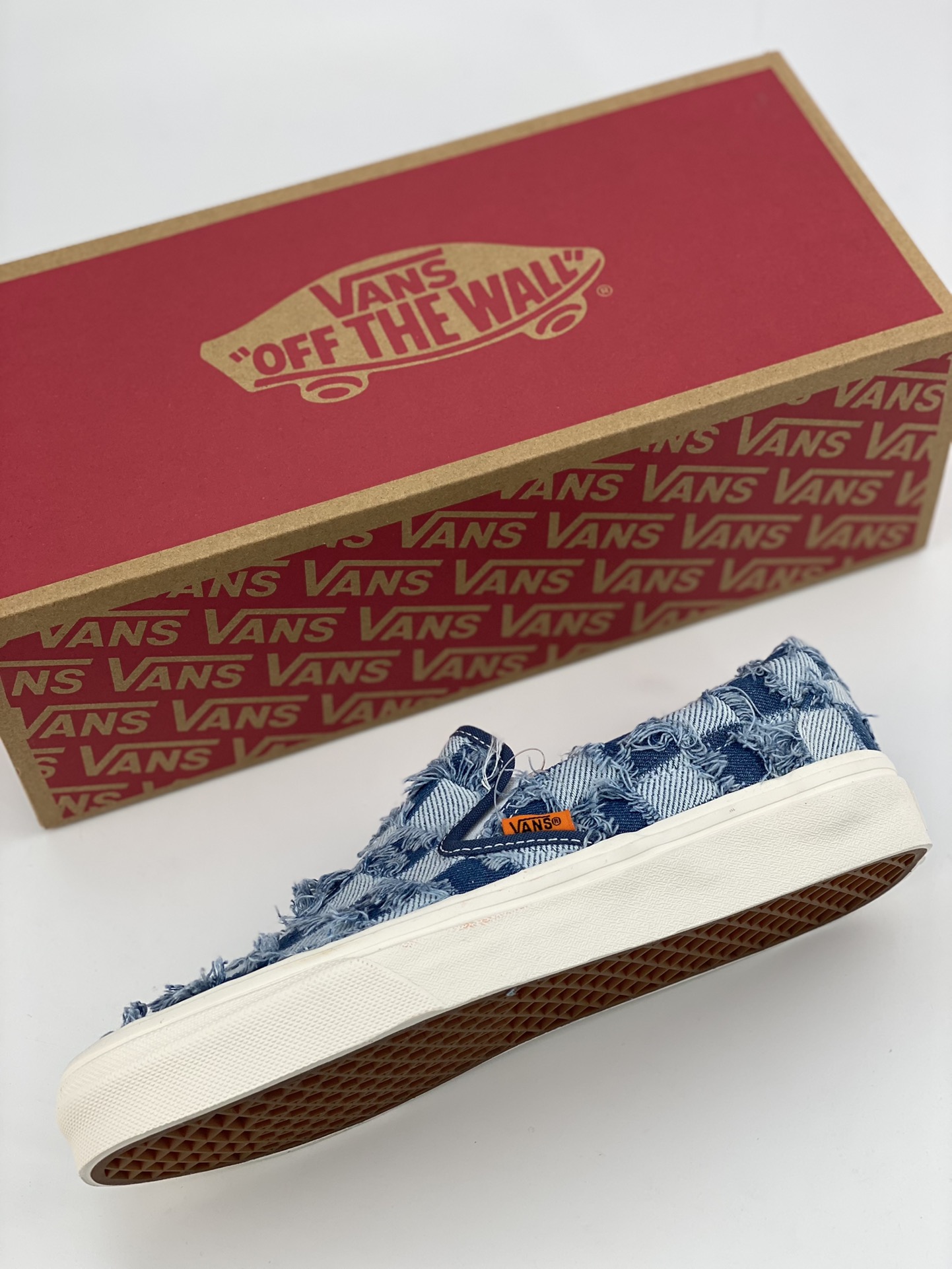 Vans European and American summer checkerboard fringed denim and silk men's and women's same style slip-ons