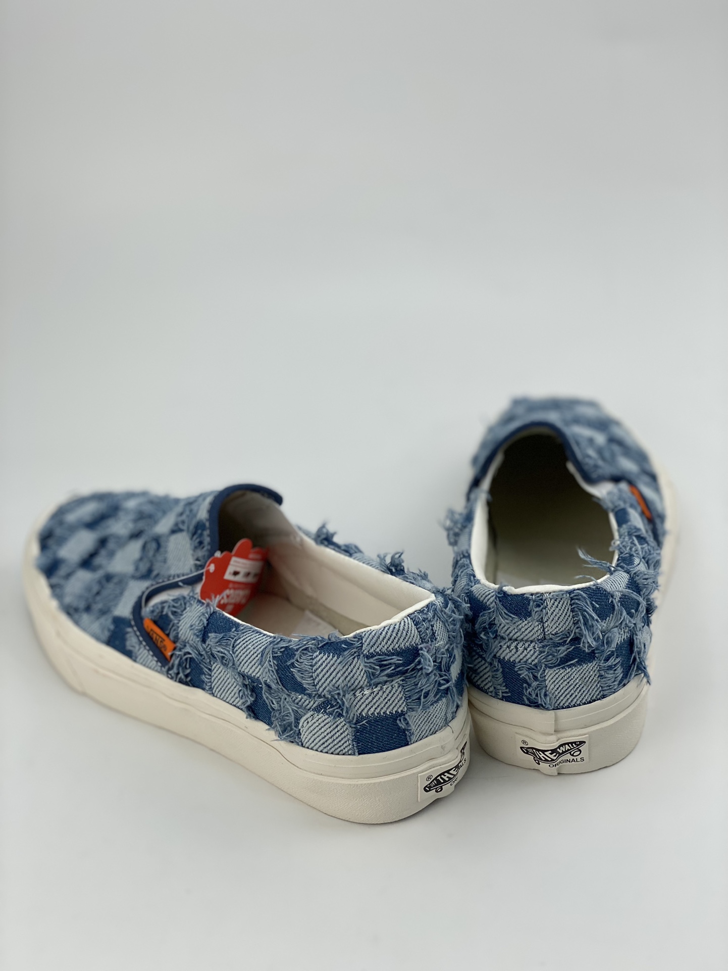 Vans European and American summer checkerboard fringed denim and silk men's and women's same style slip-ons