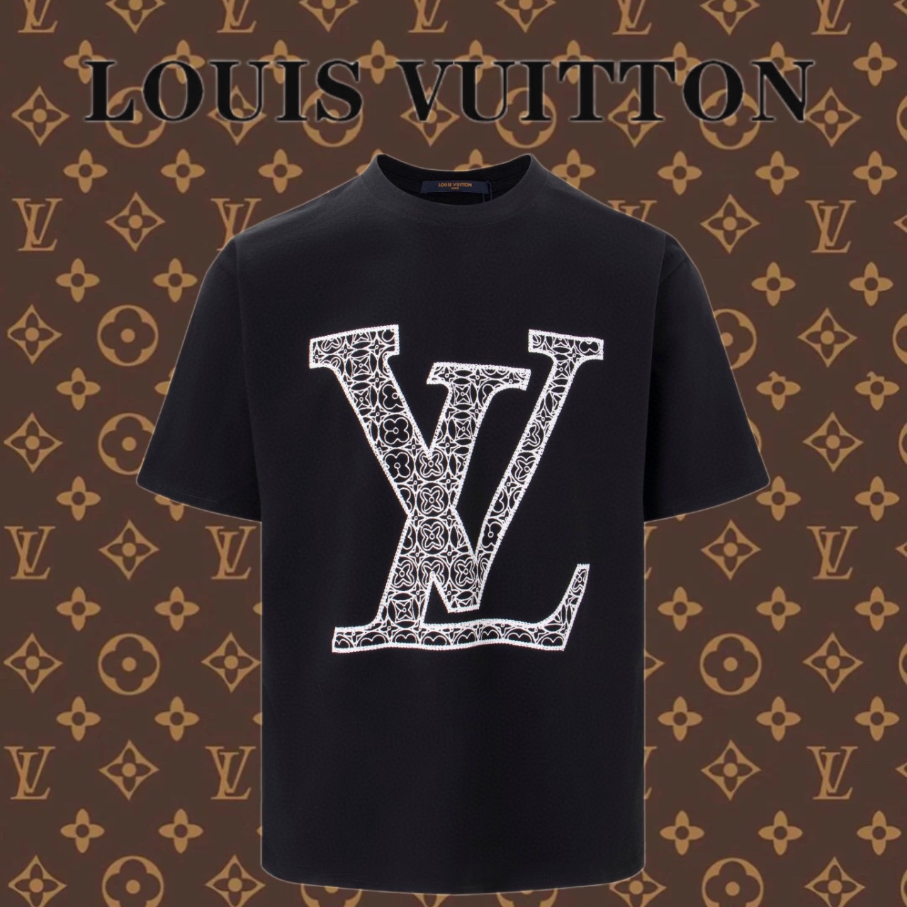 Louis Vuitton Abbigliamento T-Shirt Nero Bianco Stampa Cotone Maniche corte