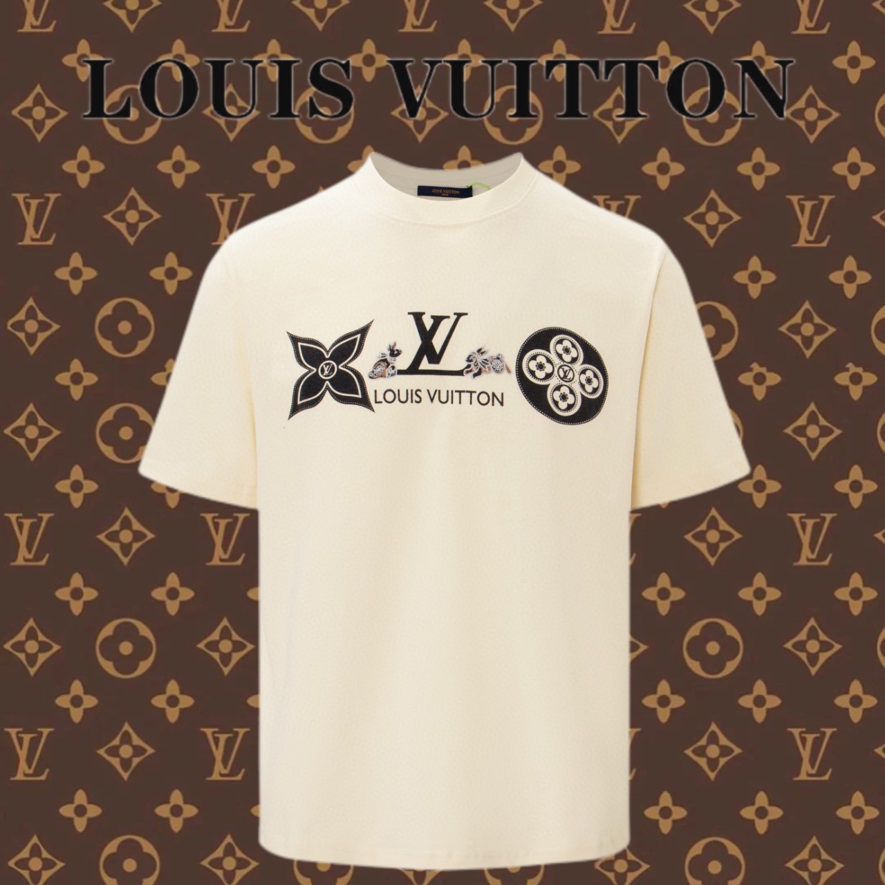 Louis Vuitton Abbigliamento T-Shirt Colore albicocca Nero Stampa Cotone Maniche corte