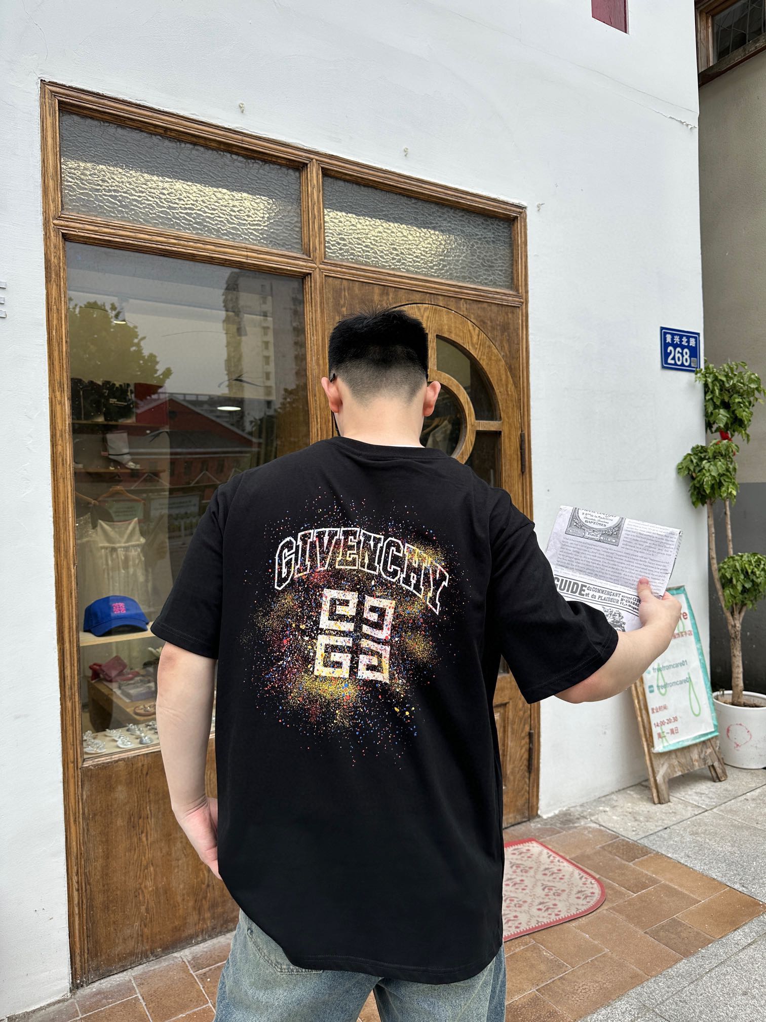 GIVENCHYGIVENCHY 23ss splash ink four-square printed short sleeve upper body e