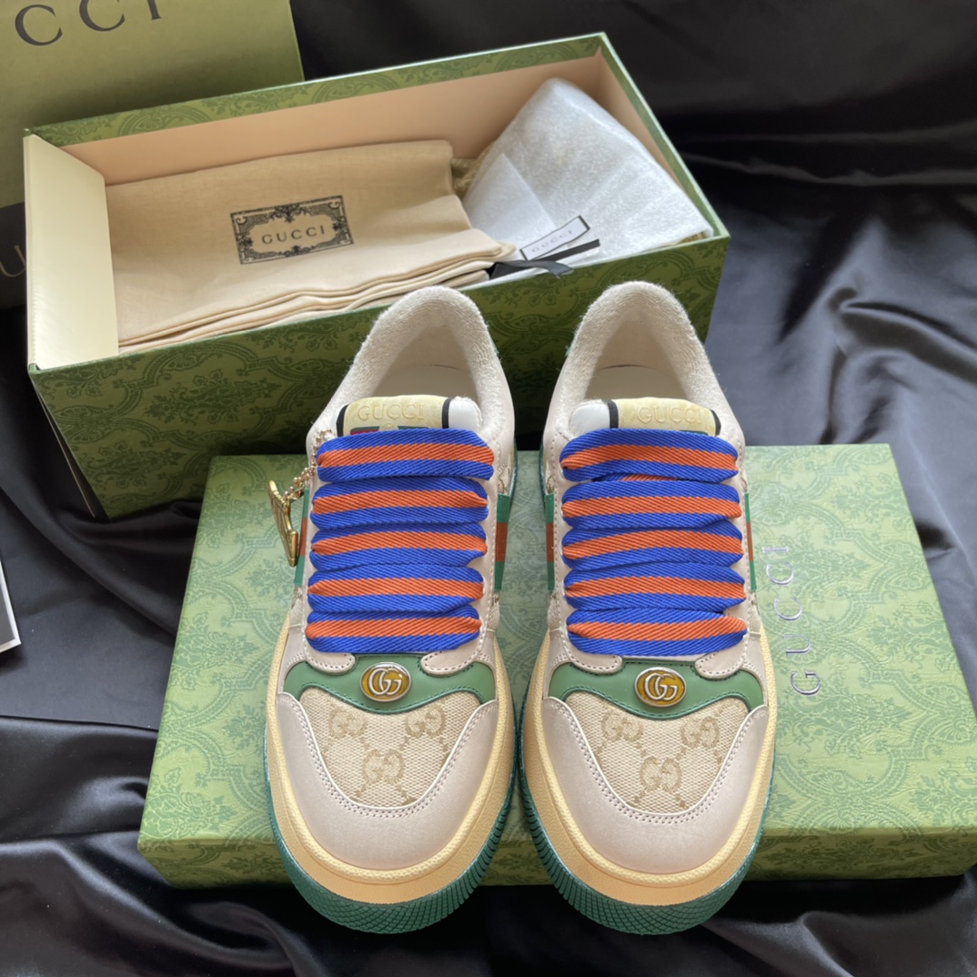 GUCCI Distressed Sneakers Leather Terry Cloth Platform Green Heel Double G