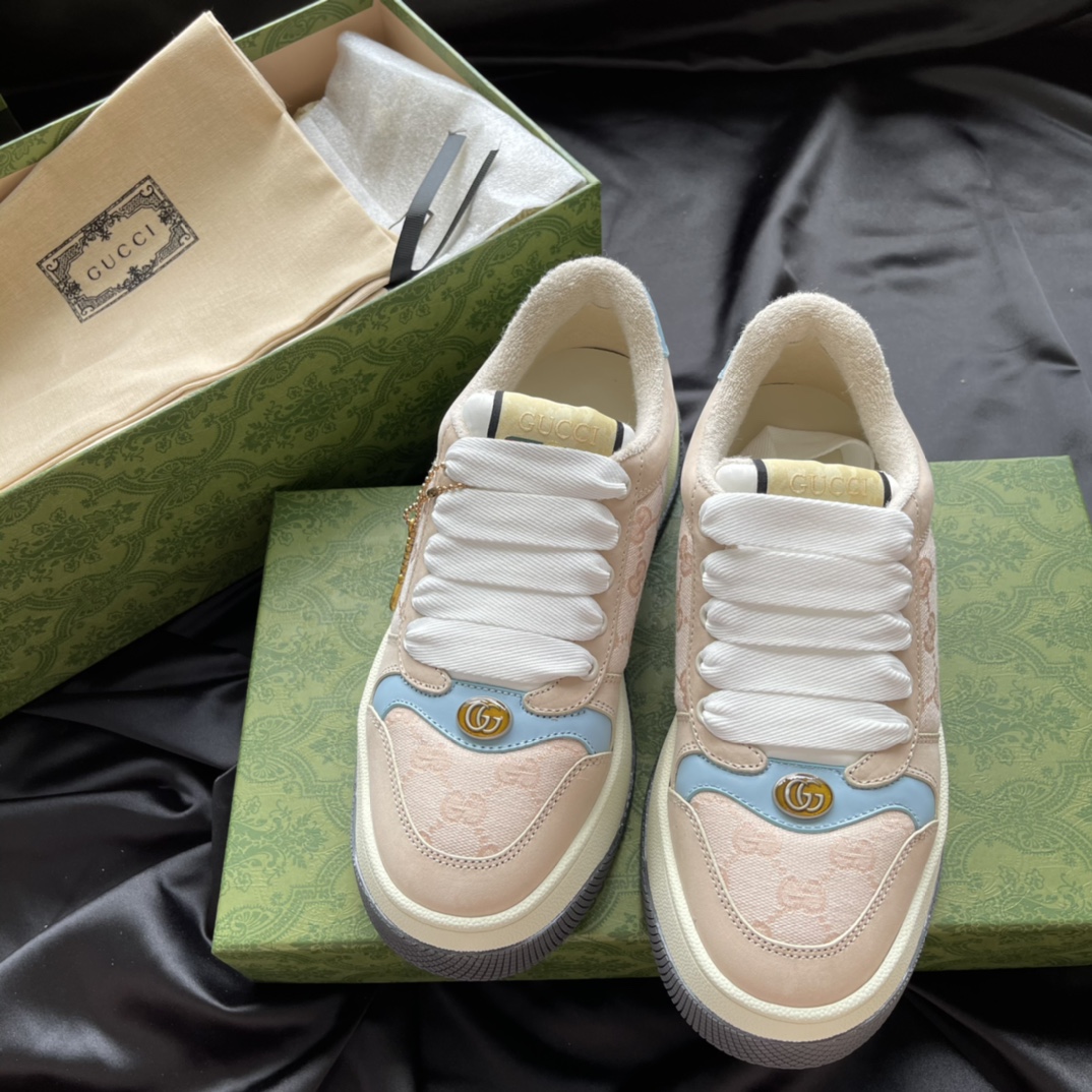 GUCCI Platform Sneakers Distressed Leather Pink Blue Women's