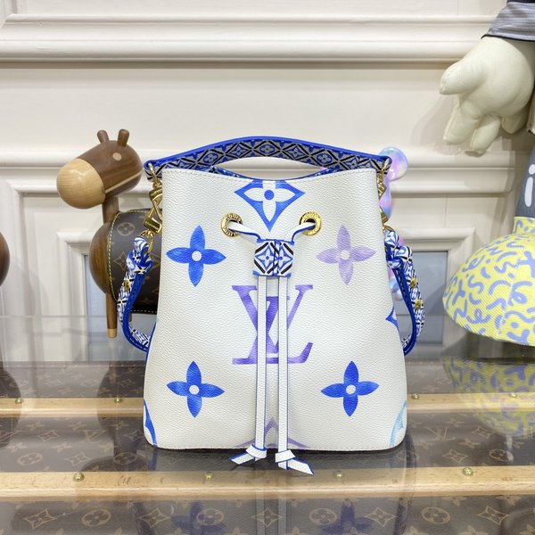 Buy 2023 Replica Louis Vuitton LV NeoNoe Handbags Bucket Bags Apricot Color Blue Printing Canvas M22986
