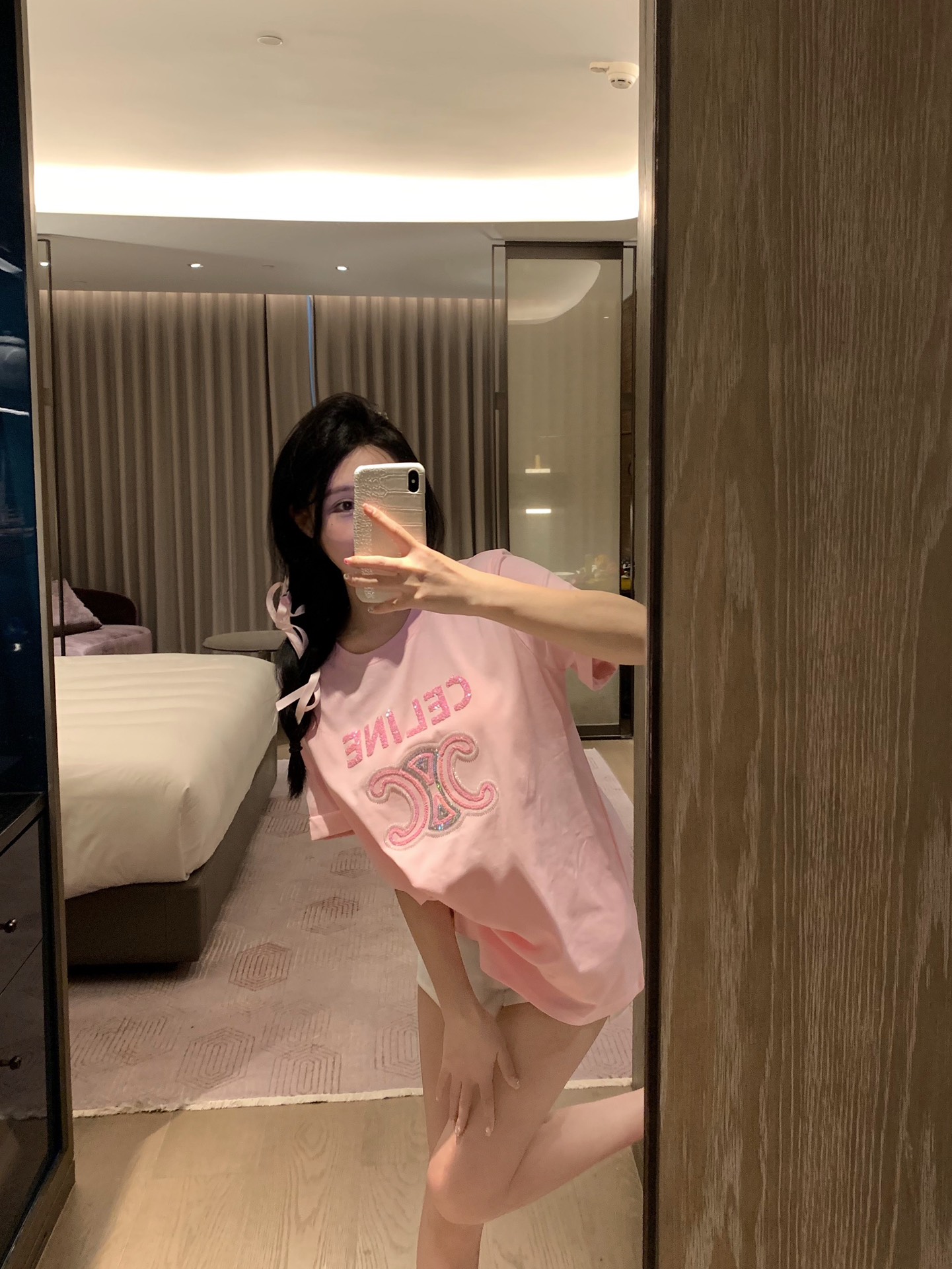 Celine Clothing T-Shirt Pink White Embroidery Cotton