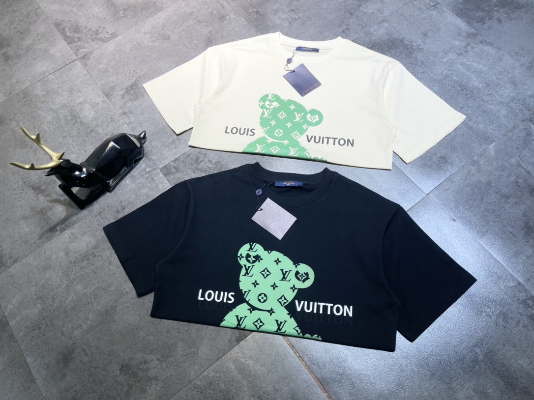 Louis Vuitton Clothing T-Shirt Beige Black Green White Embroidery Unisex Cotton Short Sleeve