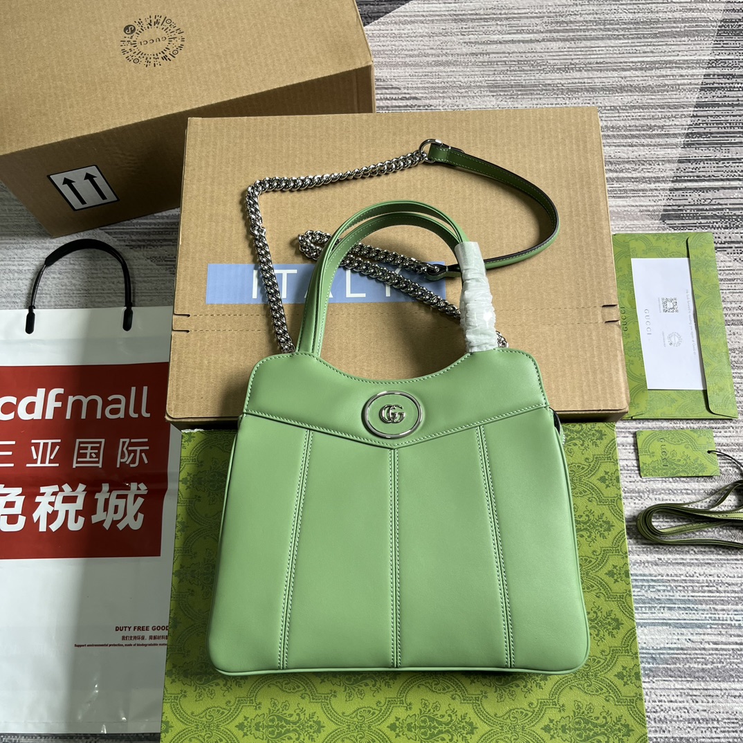 GUCCI 迷你托特包 淺綠皮革 雙G配件 絎縫