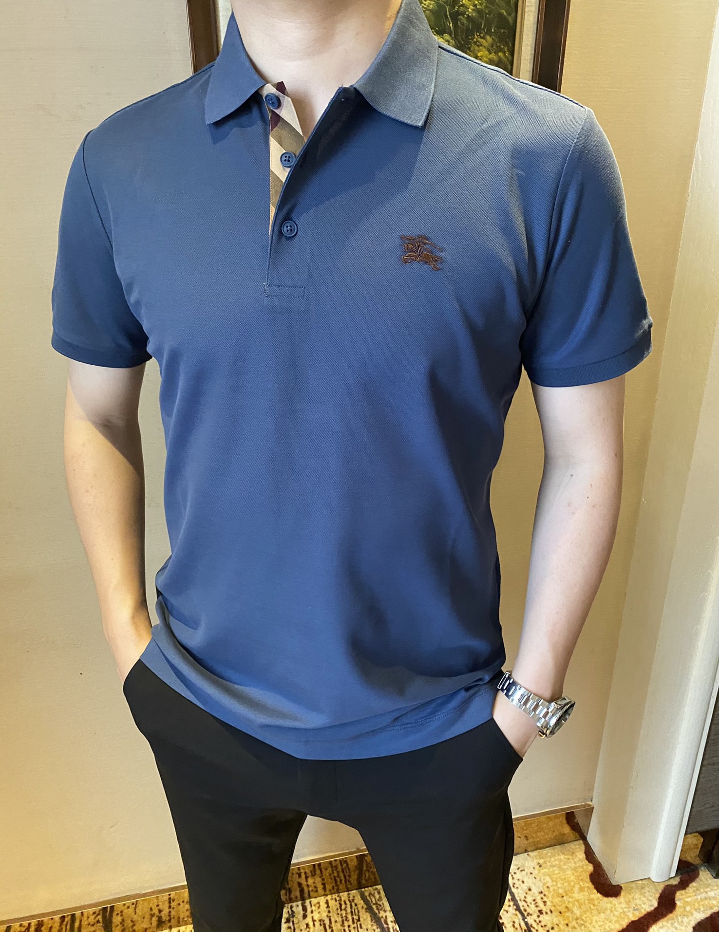 Burberry Men's Blue Polo Shirt, Short Sleeve, Striped Design, Sizes M-4XL