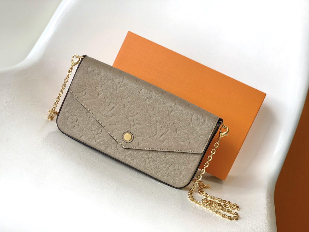 Louis Vuitton LV Pochette FeLicie AAAAA+
 Crossbody & Shoulder Bags Apricot Color Black Blue Grey Pink Red White Empreinte​ Cowhide Fabric Chains M64064