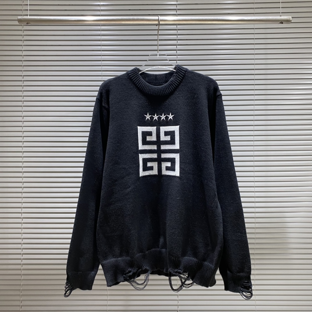 Gi Jijia suéter rasgado con cuello redondo bordado de cuatro estrellas y cuadrícula de cuatro cuadrados Color: Negro Ta…