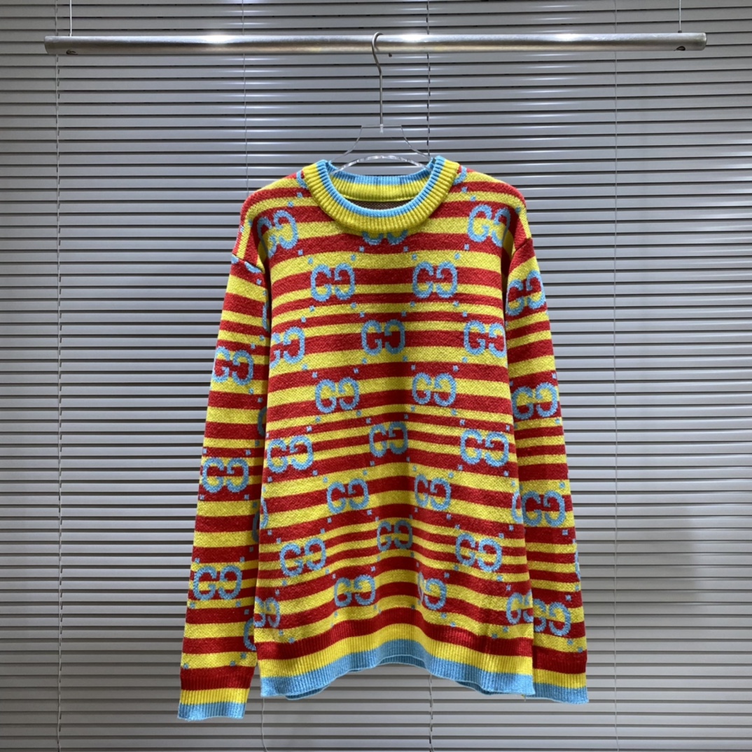 Suéter de cuello redondo Gu con jacquard de doble G y rayas de colores, colores: verde, rojo, tallas: S M L XL XXL