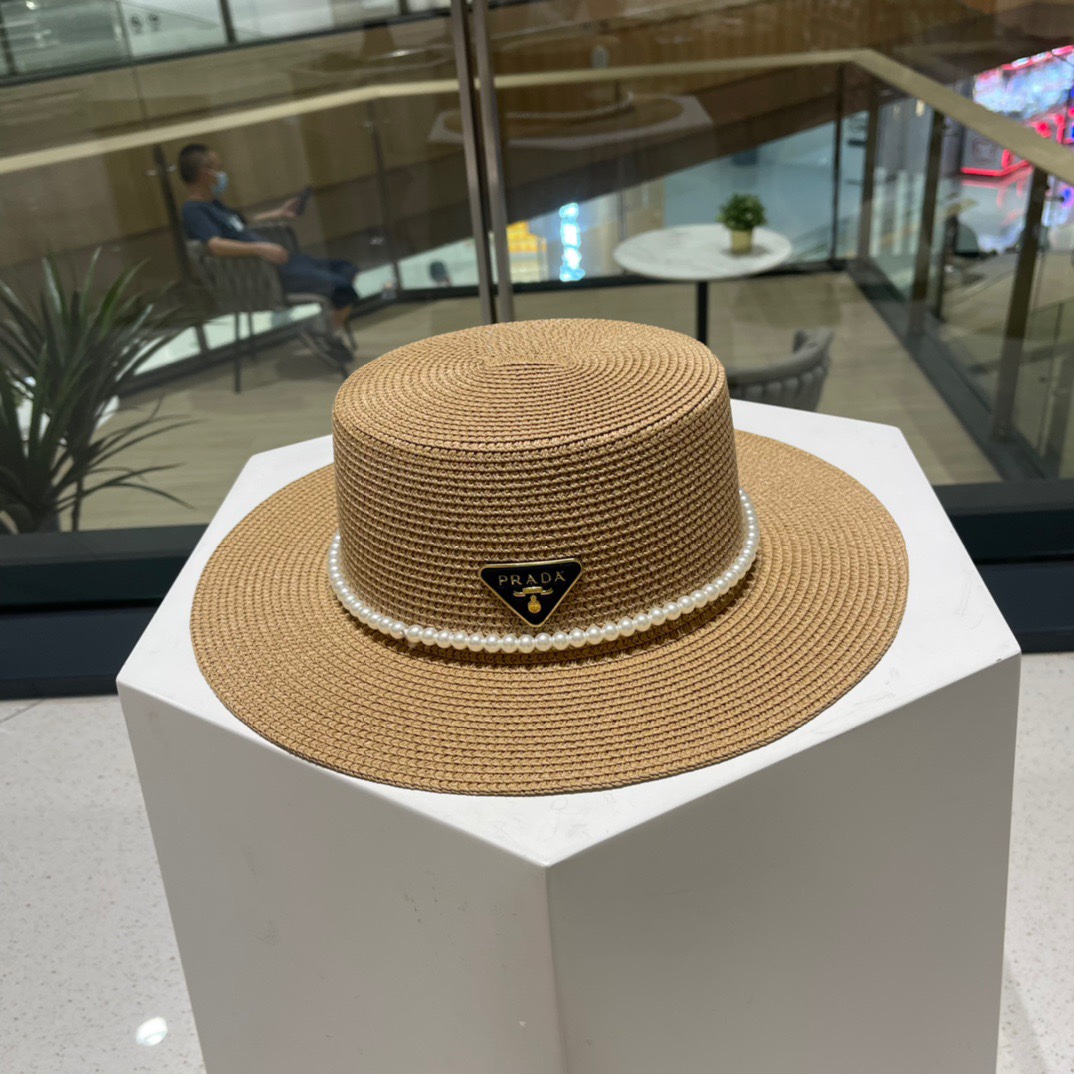  普拉达草帽，高级定制，超好看帽型珍珠配饰，头围57cm