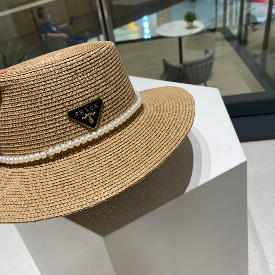  普拉达草帽，高级定制，超好看帽型珍珠配饰，头围57cm