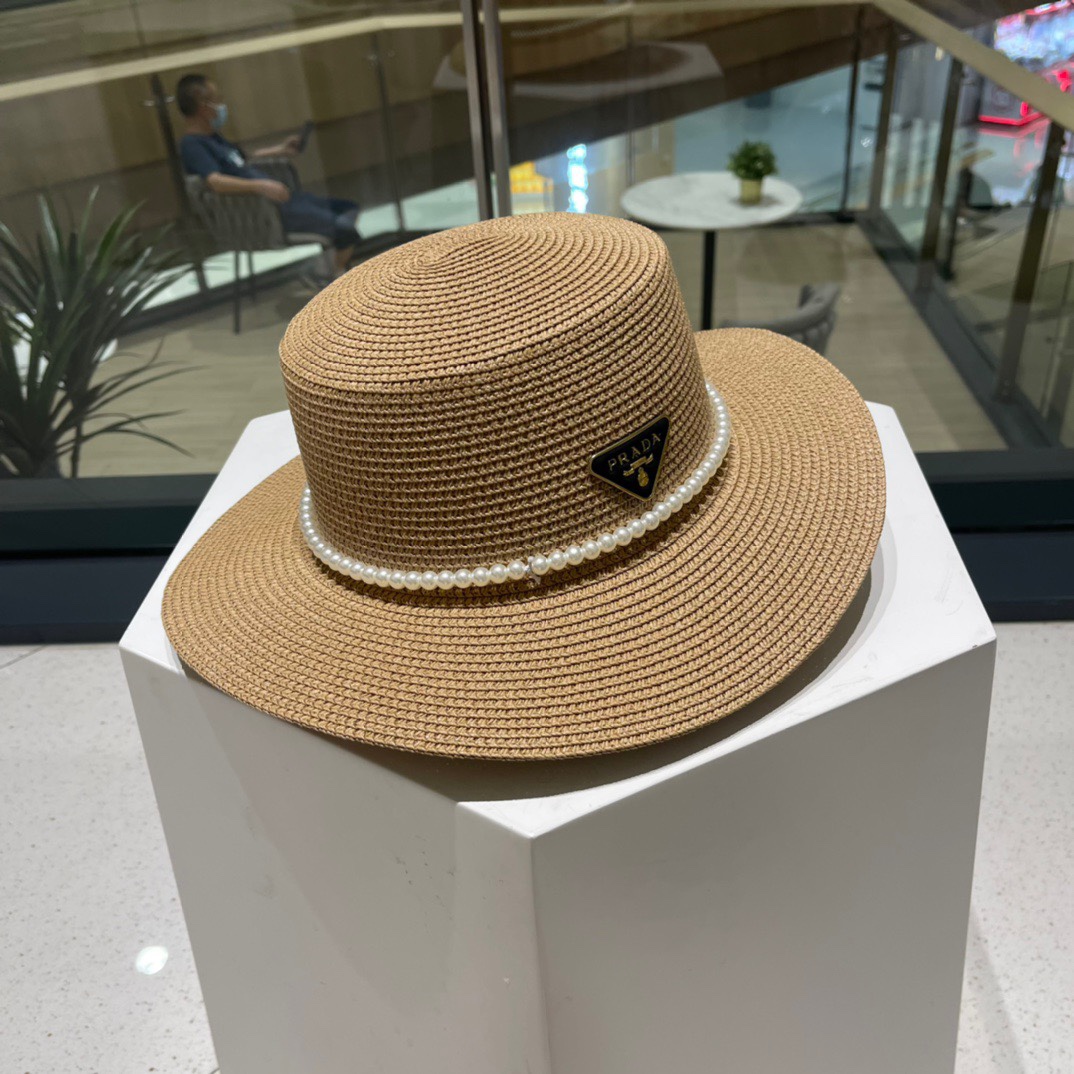 普拉达草帽，高级定制，超好看帽型珍珠配饰，头围57cm