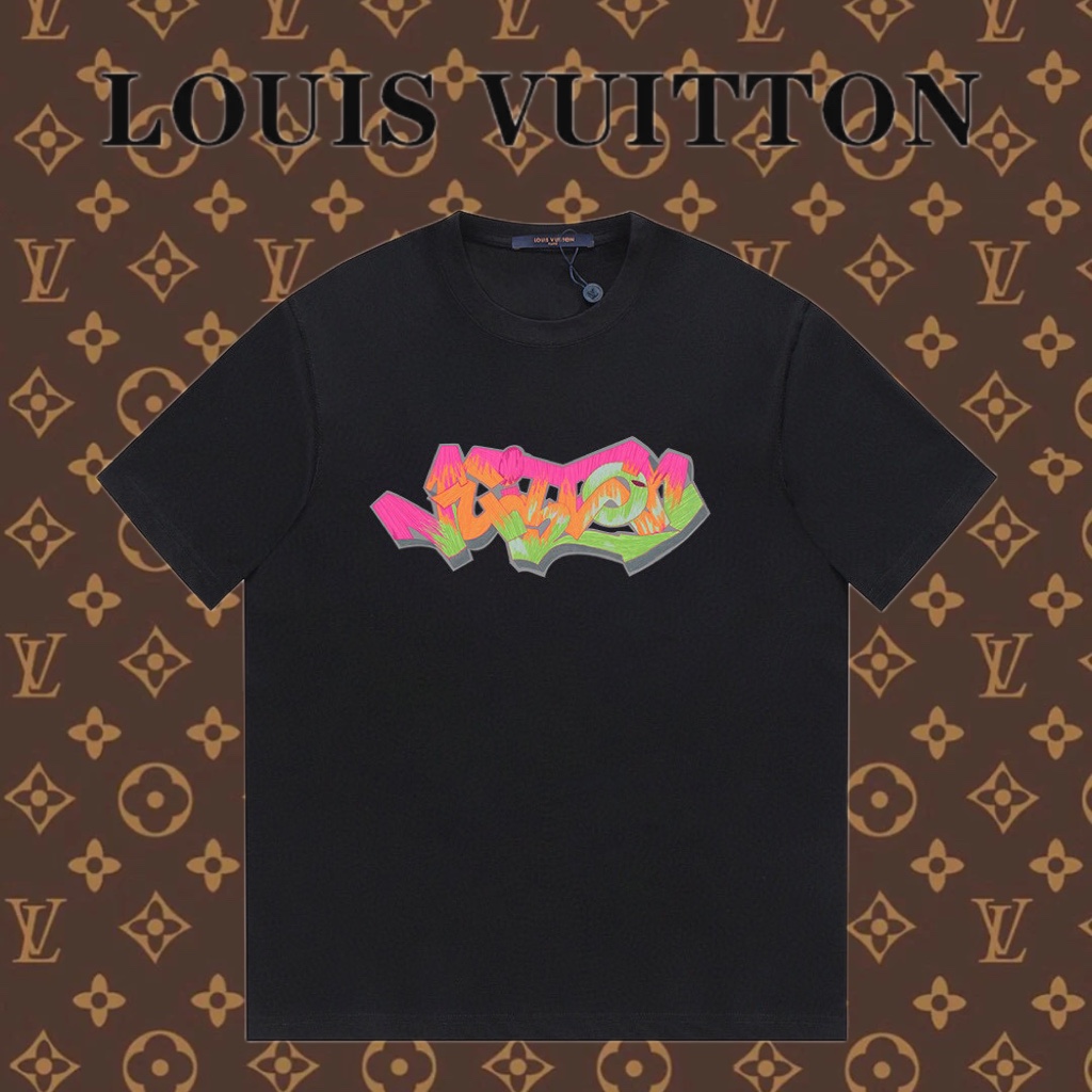 Louis Vuitton Abbigliamento T-Shirt Nero Bianco Giallo Stampa Unisex Cotone Collezione Primavera/Estate