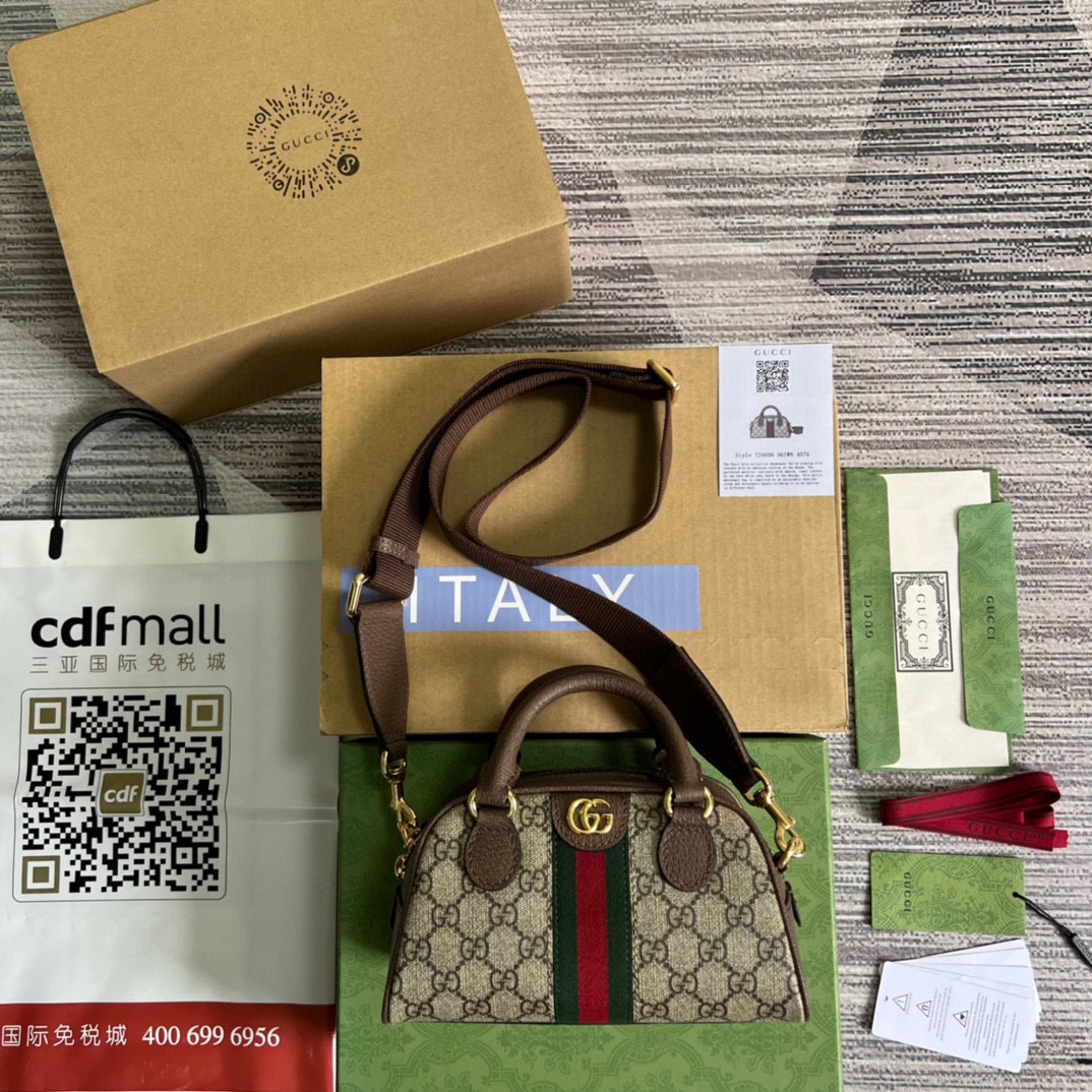 GUCCI Ophidia мини-сумка GG с ручкой, холст GG Supreme, красно-зелёная лента, фурнитура с двойной G, кожаный брелок, съёмная кожаная лента — высшее качество
