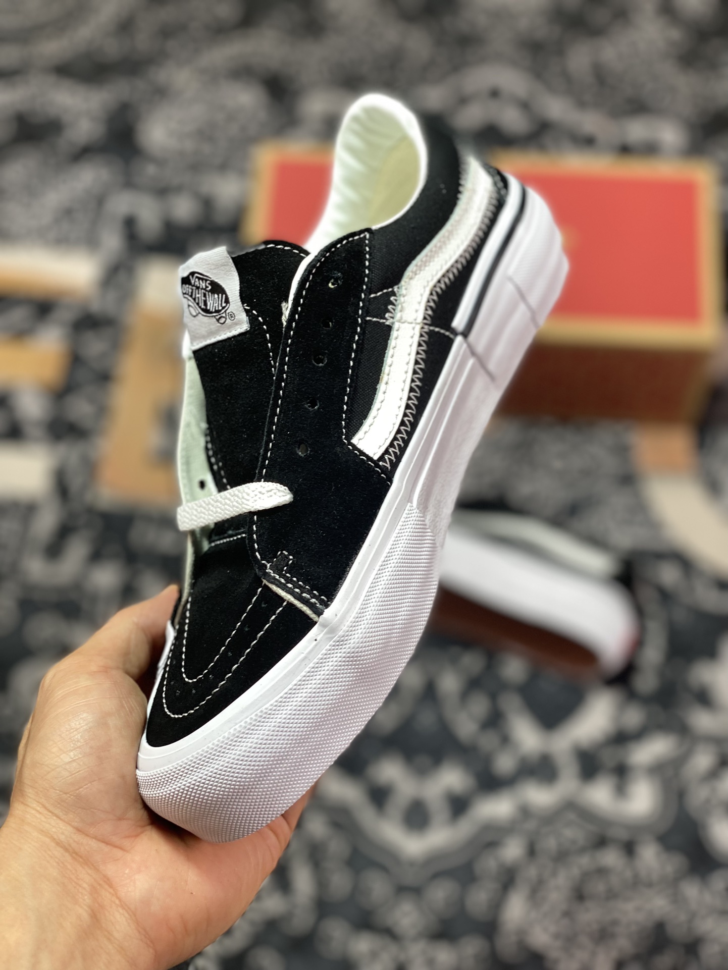 Vans Sk8-Low deconstructed black and white with black and white stripes classic shoe shape